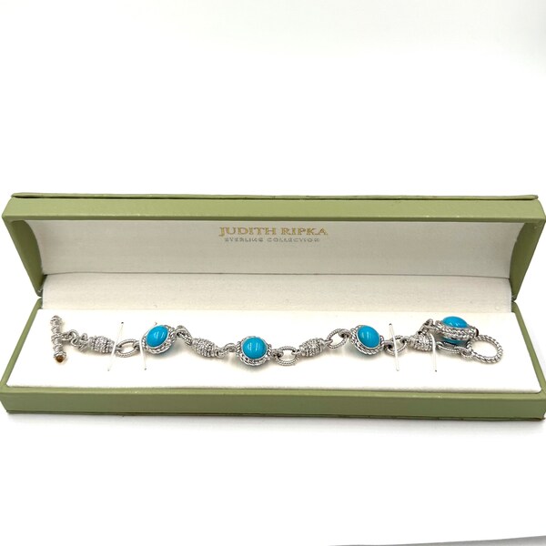 JUDITH RIPKA BRACELET Sterling Silver Turquoise Cz Diamonique Toggle Clasp Charm Vintage