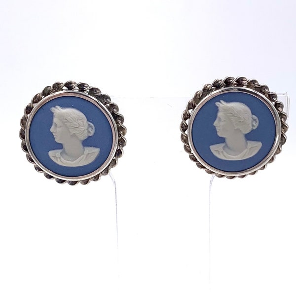 Vintage WEDGWOOD STERLING EARRINGS Sterling Silver Blue Jasper-Ware Wedgwood Silhouette Cameo Screw Back Earrings