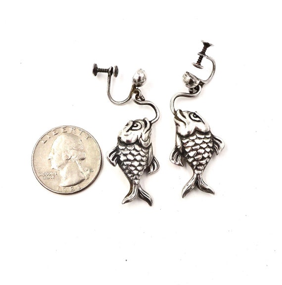 TAXCO FISH EARRINGS Sterling Silver Dangle Puffy … - image 2