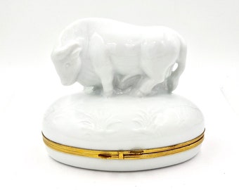 LIMOGES TRINKET BOX - France White Porcelain Water Buffalo - Piotet Limoges - Vintage Chamart Rare Large Size