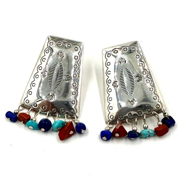 Vintage SOUTHWESTERN STERLING EARRINGS Sterling Silver Concho Form Dangle Bead Drop Earrings Native American Style Quoc Turquoise Inc.