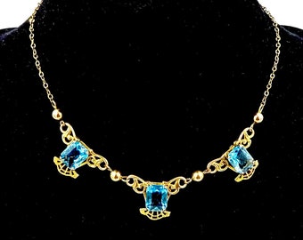 Vintage GOLD FILLED NECKLACE Faux Blue Zircon Festoon Style Necklace E166F