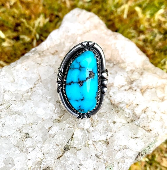Sterling Silver and Turquoise Stone Navajo Inspired Ring Feathers Flower