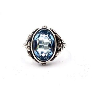 Vintage Shiptonia Sterling Silver Floral Ring: Faux Blue Topaz, Size 6 1/2
