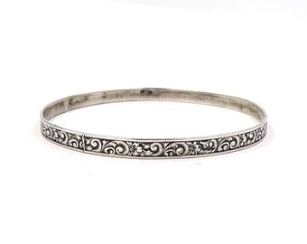 Vintage STERLING SILVER BANGLE Floral Scroll Boho Bangle Bracelet E442