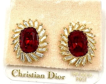 CHRISTIAN DIOR EARRINGS Gold Plated Faux Ruby Clear Rhinestone 14K Post Stud Earrings