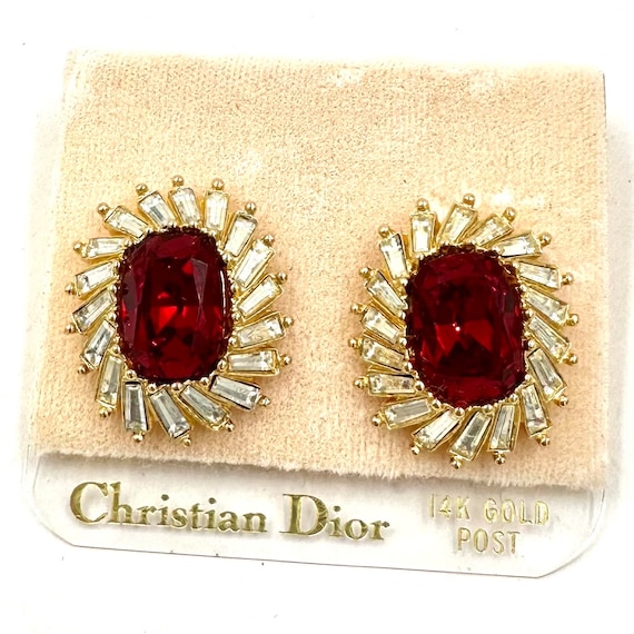 CHRISTIAN DIOR EARRINGS Gold Plated Faux Ruby Clear