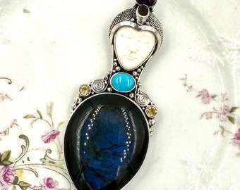 Vintage STERLING SILVER PENDANT 925 Sterling Silver Carved Face Labradorite Turquoise Citrine Garnet Sajen Style