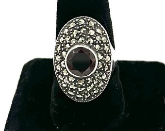 Vintage JUDITH JACK RING Sterling Silver Marcasite Garnet Ring Sz 7 New Old Stock E551