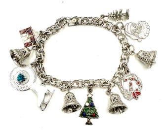 Vintage JULSKATTARMBAND Sterling Silver Emalj Rörliga Berlocker December Jul Vinter Berlockarmband