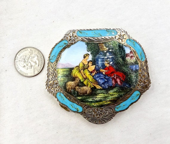 Vintage 800 SILVER ENAMEL COMPACT Italy Garden Co… - image 3