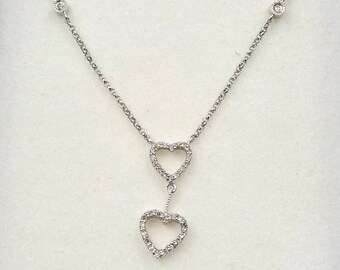 Gold Diamond Necklace 585 14K White Gold Diamond Dangle Double Heart Necklace