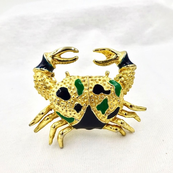 VINTAGE CRAB PIN Brooch Pendant Gold Tone Enamel Figural Blue Crab BiJoux Cascio Zoo Collection