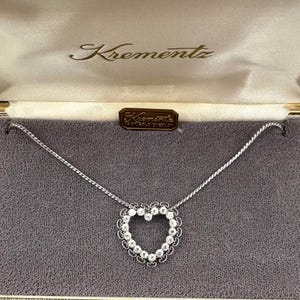 Vintage KREMENTZ RHINESGTONE Heart Pendant NECKLACE 14K White Rolled Gold Overlay Bridal Wedding Formal Original Box
