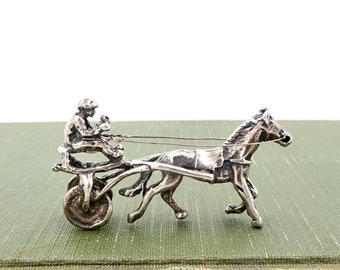Vintage Harness Horse Racing Sulky Jockey Sterling Silver Figural 3D Miniature Figurine Thoroughbred