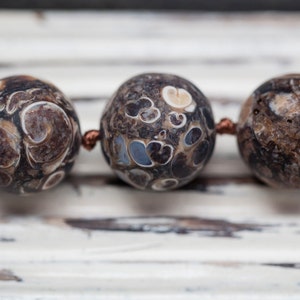 May include: Close-up of a brown and white agate bead necklace with copper wire connectors. The beads have a swirling pattern.