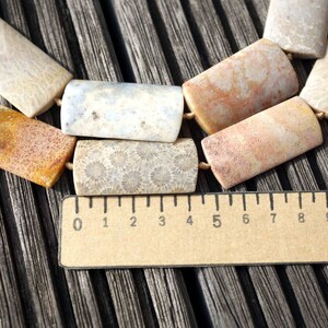 Puede incluir: Primer plano de un collar hecho de cuentas de coral fosilizado. Las cuentas son rectangulares y tienen una variedad de colores, incluyendo blanco, marrón y naranja. El collar está colocado sobre una superficie de madera con una regla para la escala. La regla está marcada en pulgadas y va de 0 a 10.
