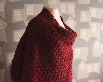 Crochet Echarpe, Red/Bourdeaux Handmade Shawl, Crochet Shawl