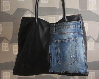Upcycled Faux Leather and Denim Tote Bag, Handmade Tote Bag, Black and Denim Shoulder Bag