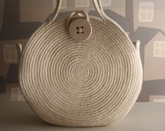 BIG Handmade Jute Rope Basket Bag: Round Beige Beach Bag