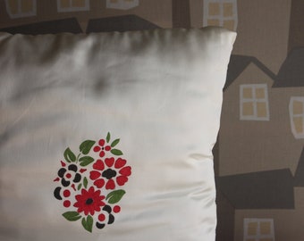 Handmade White Satin CUSHION, Flower Hand-Painted Cushion, White Satin Cushion