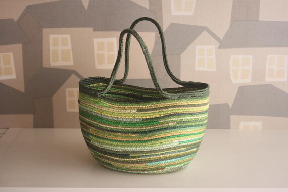 Upcycled Ribbon Basket Bag, Green Tones Summer Tote