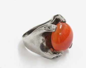 Vintage 925 SILVER Ring with Big Orange Stone and zircon