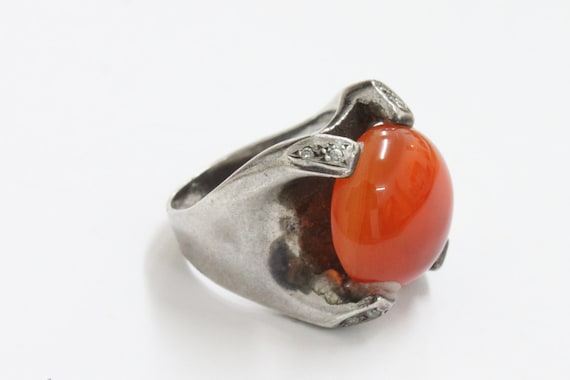 Vintage 925 SILVER Ring with Big Orange Stone and zircon