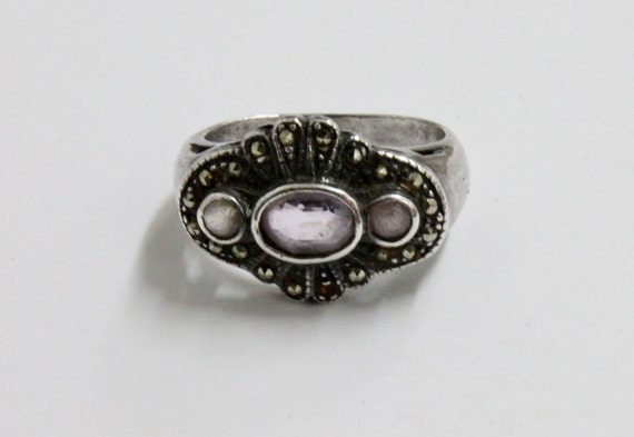 925 SILVER Vintage RING with AMETHIST and Marcasites