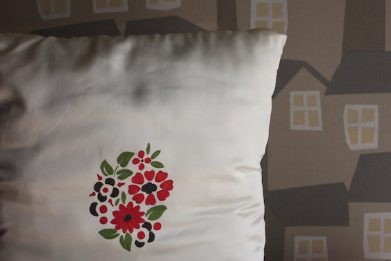 Handmade White Satin CUSHION, Flower Hand-Painted Cushion, White Satin Cushion