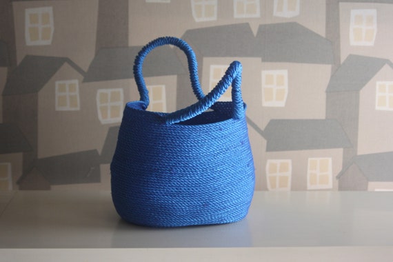 Blue Basket Bag, Summer Basket Bag, Handmade Blue Plastic Bag