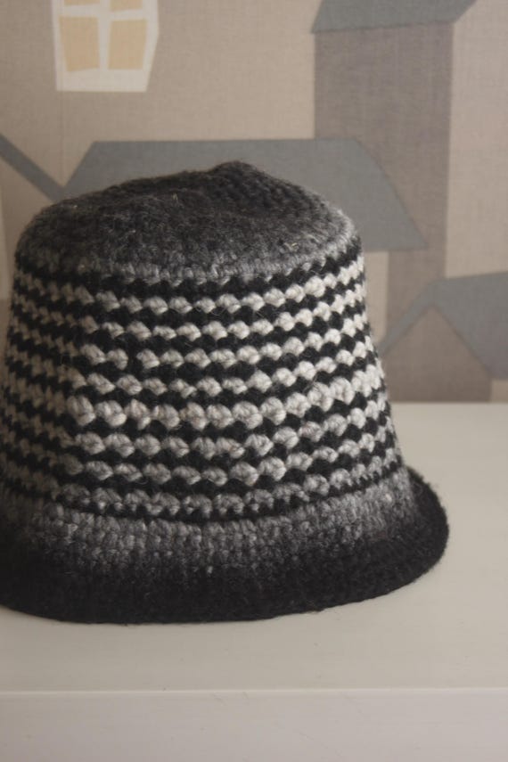 Vintage Crochet Beanie, Black/Grey/White Handmade Wool Beanie, Crochet Wool Winter Hat