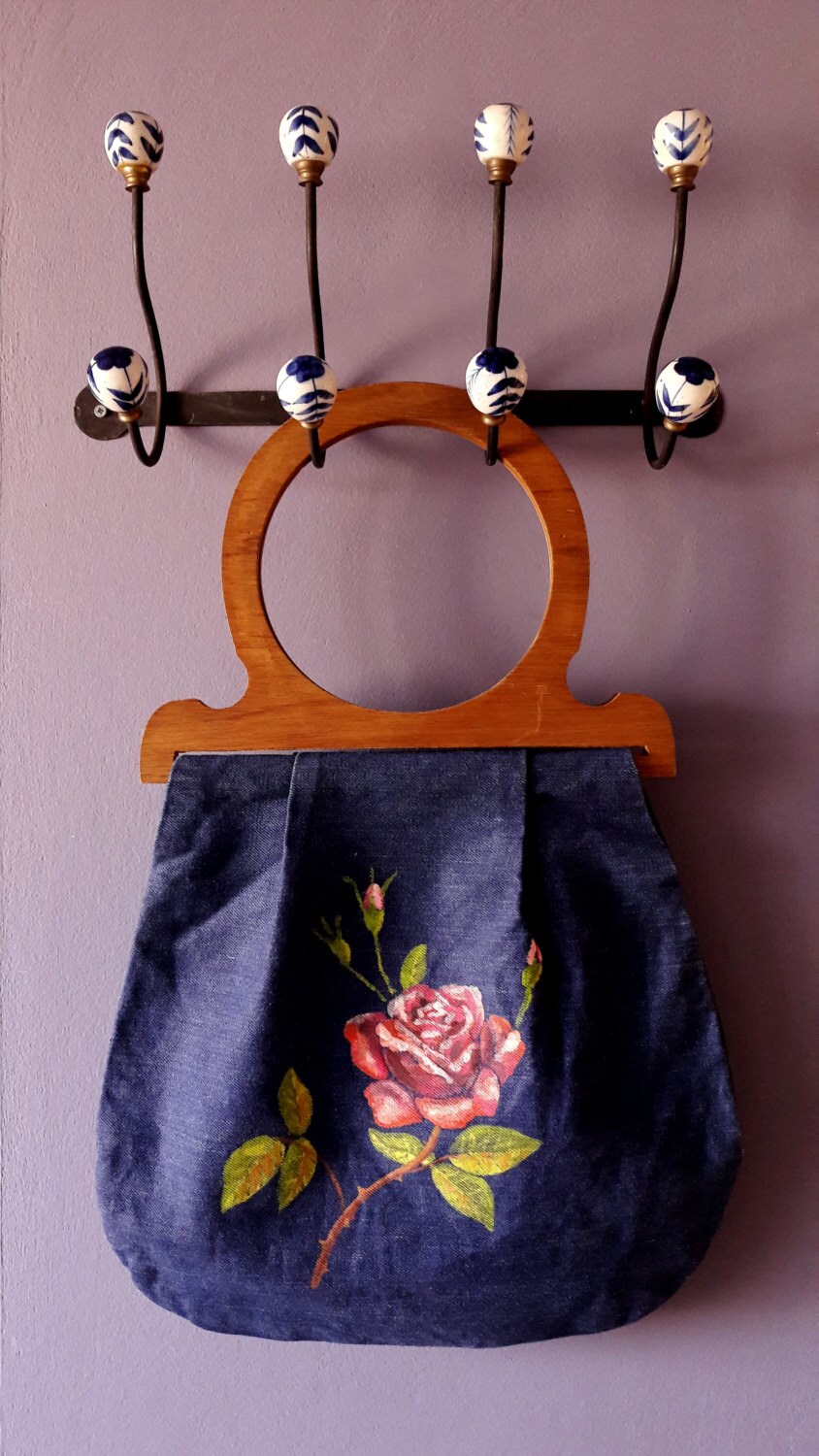Vintage Denim Bag with Vintage Wooden Handles, Handmade Denim Market