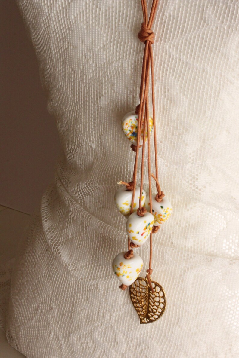 Handmade Statement Necklace, Leather and Porcelaine Beats Necklace, White/Beige and Gold Statement Necklace image 1