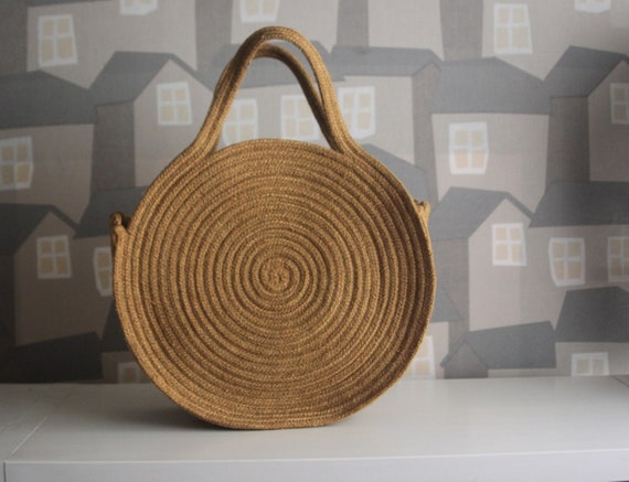 Big Round  Mustard Jute Handmade Basket Bag, Jute Rope Summer Beach Bag