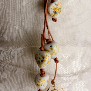 Handmade Statement Necklace, Leather and Porcelaine Beats Necklace, White/Beige and Gold Statement Necklace image 5