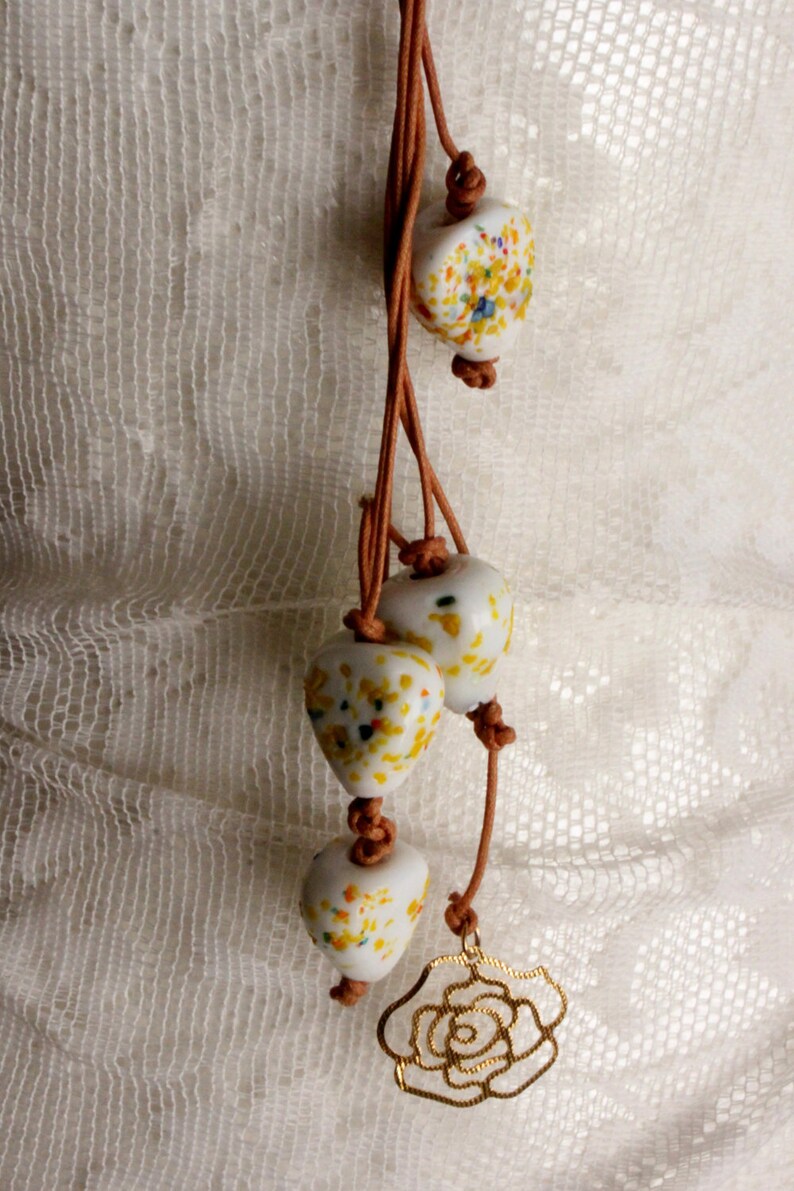 Handmade Statement Necklace, Leather and Porcelaine Beats Necklace, White/Beige and Gold Statement Necklace image 5