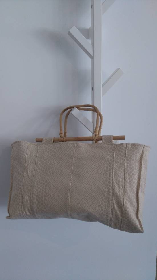 UPCYCLED Beige Tote Bag with Cane Handles, Special Design Beige Bag