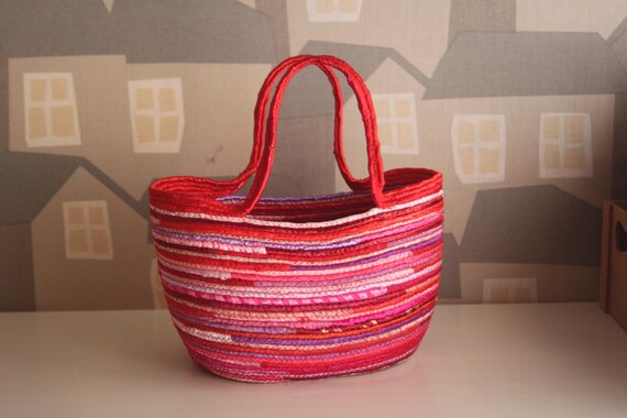 Upcycled Ribbon Basket Bag, Pink Red Viola Summer Tote