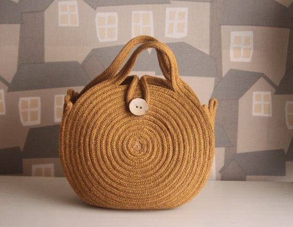 Medium Round  Mustard Jute Handmade Basket Bag, Jute Rope Summer Beach Bag