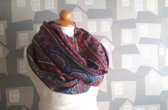 Autumn Chiffon Scarf, Red and Ble Pattern LOOP, Upcycled Autumn Shawl