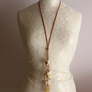 Handmade Statement Necklace, Leather and Porcelaine Beats Necklace, White/Beige and Gold Statement Necklace image 2