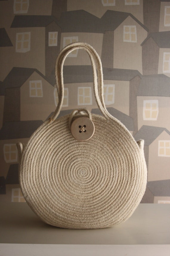 Big Round  Beige Jute Handmade Basket Bag, with wooden Button Jute Rope Summer Beach Bag