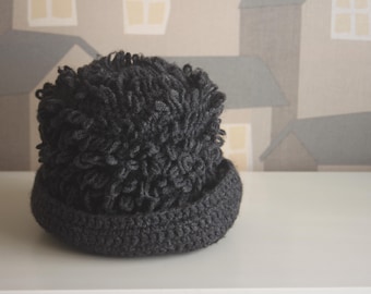 Vintage 70s Crochet Wool Beanie - Handmade Grey Winter Hat