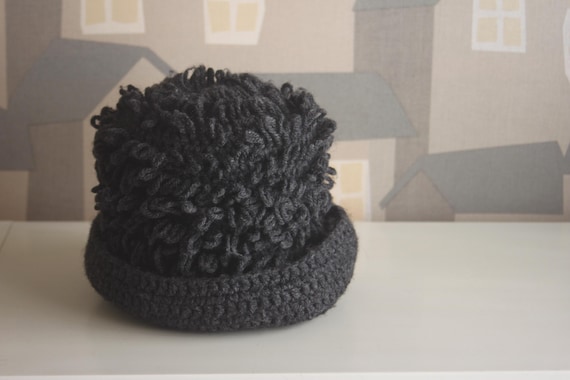 Vintage Crochet Beanie, Grey Handmade Wool Beanie, Crochet Wool Winter Hat
