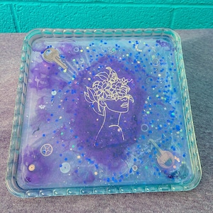 Gold Matron /  Purple resin on Vintage glass tray with antique keys and watch pieces / rolling tray / Trinket tray / Altar Tray