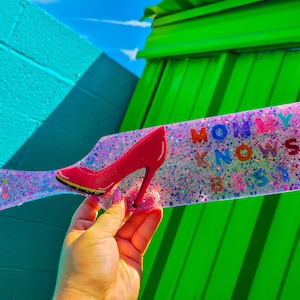 Mommy Knows Best Paddle - Purple Glittery paddle featuring an embedded high heel shoe and text / Mommy Fetish / DMLG / DMLB