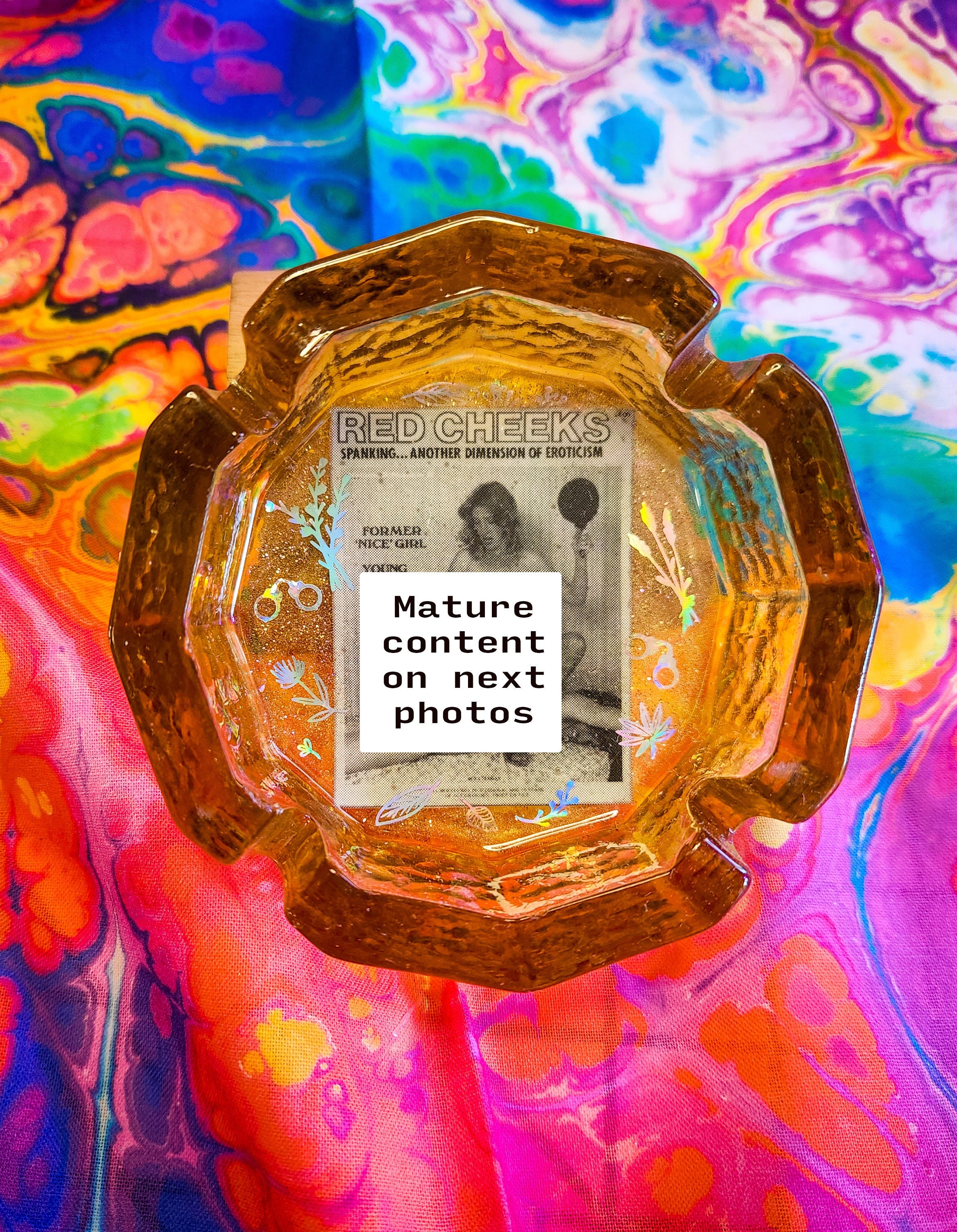 Spanking Fetish Hot Mommy - Resin art on vintage amber glass ashtray with vintage b/w spanking fetish photo with topless woman in lingerie