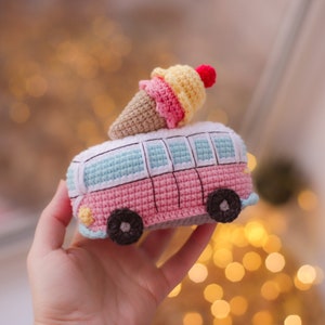 Red car minivan Crochet toy amigurumi with Christmas tree camper Bus Vintage Ice cream