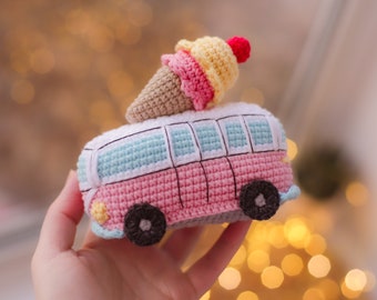 Red car minivan Crochet toy amigurumi with Christmas tree camper Bus Vintage Ice cream